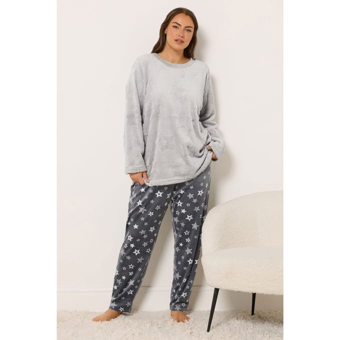Yours Grey Embossed Star Borg Lounge Set Size 46-48