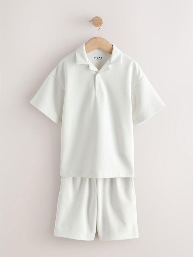 Next - Jongens - Set van getextureerd poloshirt met korte mouwen en short - Crème
