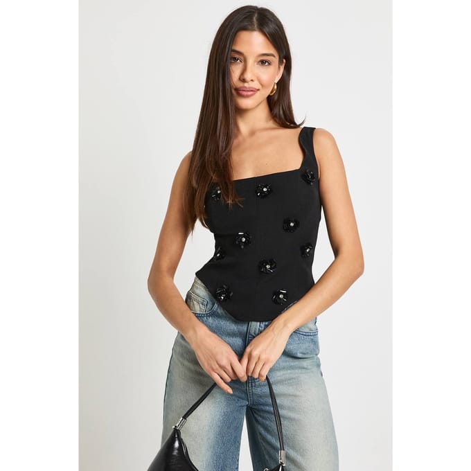 boohoo Dames Bloemrijk Versierde Corsettop | Black | Maat: 8