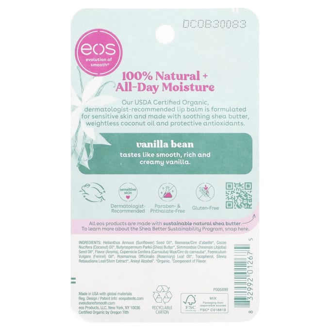EOS, 100% natuurlijke sheaboter lipbalsem, vanilleboon, 7g (0,25 oz) white
