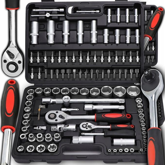 Awtools Black Line - Dopsleutelset - 108-delig - Chroom-vanadiumstaal - Ergonomische Koffer