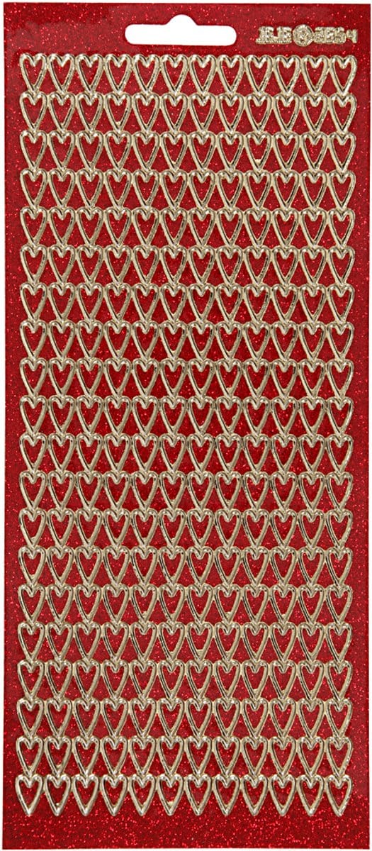 Stickers, harten, vel 10x23 cm, goud, rood glitter, 1 vel