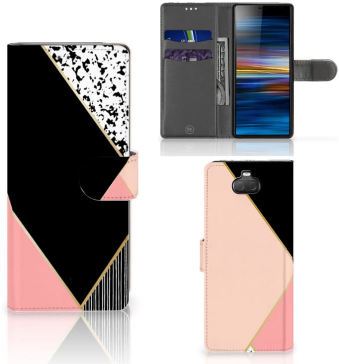 Sony Xperia 10 Book Case Zwart Roze Vormen