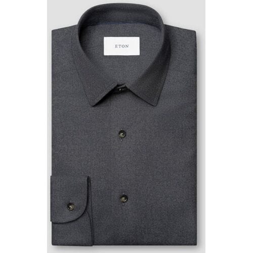 Eton Overhemd Solid Color Double-Twisted Yarn Cotton Flanel Donker Blauw / male