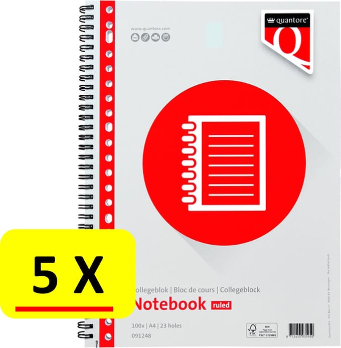 5 x Collegeblok Quantore - A4 - Lijn - 23-rings