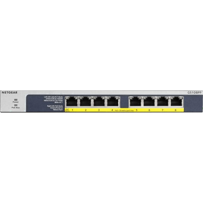 Netgear GS108PP 8-Port Gigabit Ethernet High-power PoE+ Unmanaged Schakelaar with FlexPoE (123W)