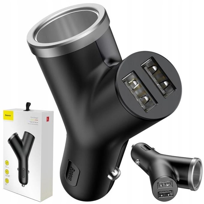 Auto-oplader Baseus Y Type, 40W, 3.4A, 2 x USB-A - 1 x Sigarettenaansteker Extensie, Zwart CCALL-YX01