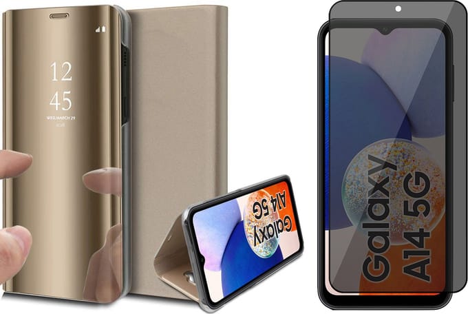 Hoesje geschikt voor Samsung Galaxy A14 - Privacy Screen Protector FullGuard - Book Case Spiegel Goud & Screenprotector