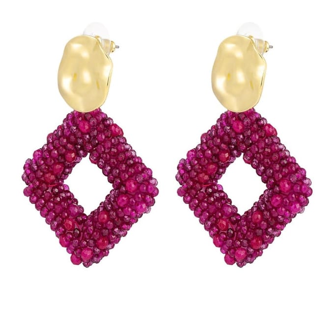Yehwang Oorbellen Glaskralen Ruit goud fuchsia