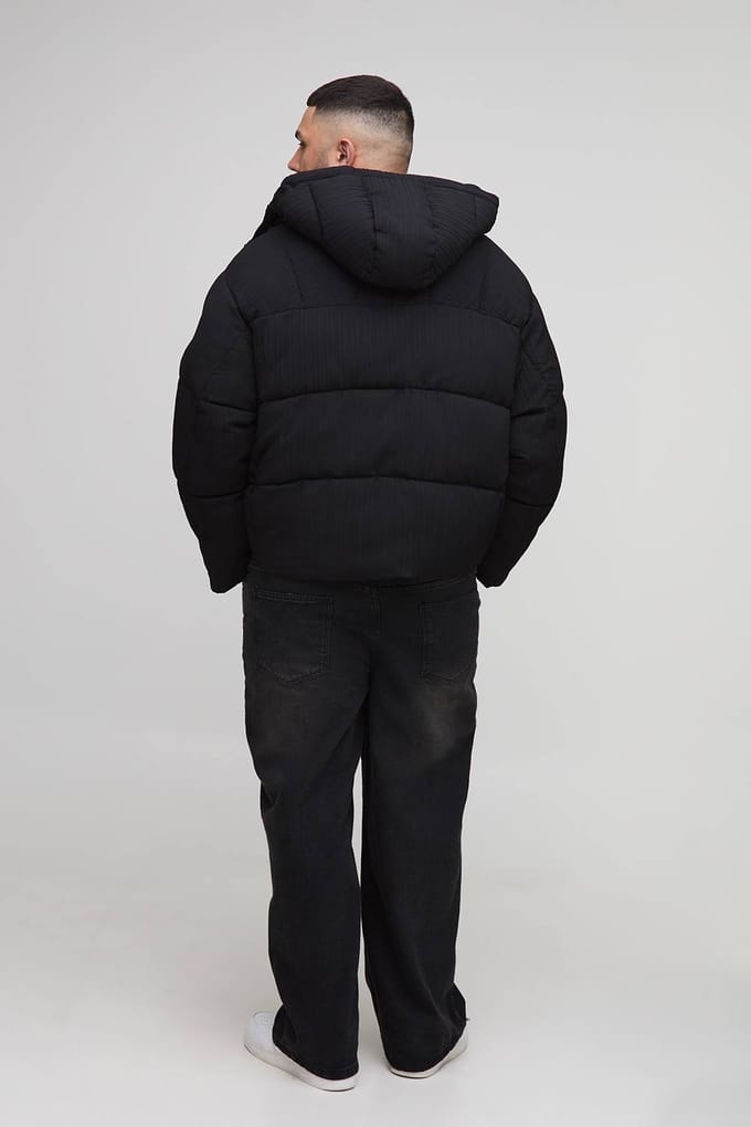 Plus Regular Fit Textured Curved Panel Puffer Jacket | Black | Size 2XL