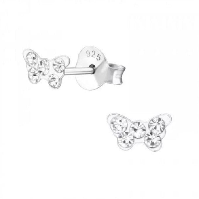 Zilveren oorknop, vlinder witte steen (3MM)
