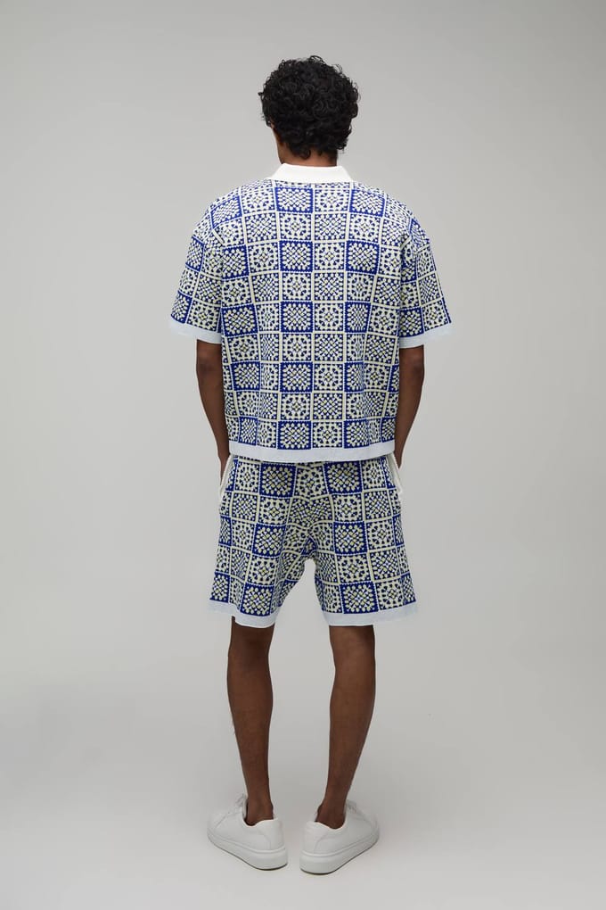 Oversized Boxy Gehaakte Vierkanten Gebreide Polo En Short Set | Yellow | Size Medium