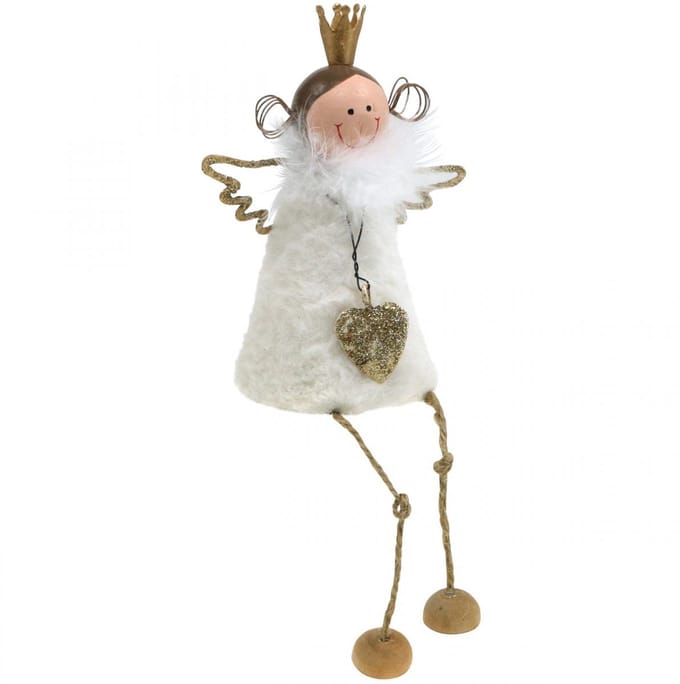 Engel figuur zittend Kerstdecoratie hout metaal wit H12cm