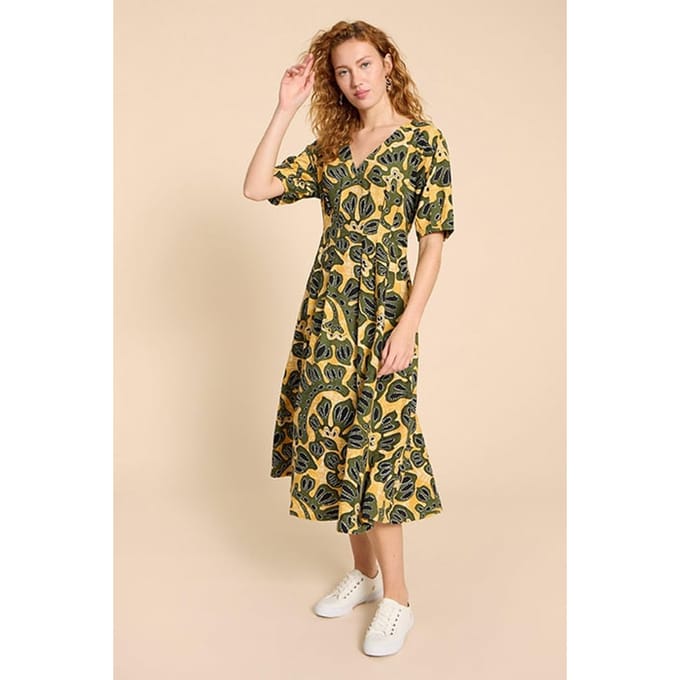 White Stuff Kate Linen Blend Dress Chartreuse Print Taglia: 6 | Abiti Midi Outlet | Donna | Bianco