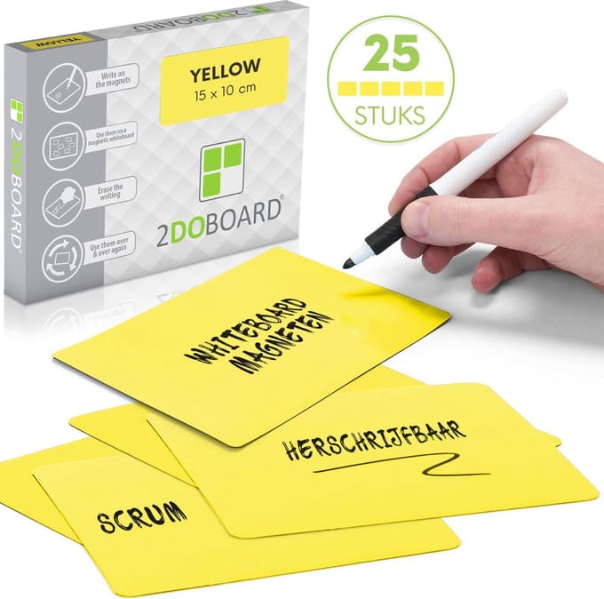 2DOBOARD Herschrijfbare Magneten Medium Geel  15 x 10 cm -  25 stuks - Scrum - Agile - Lean - Whiteboard