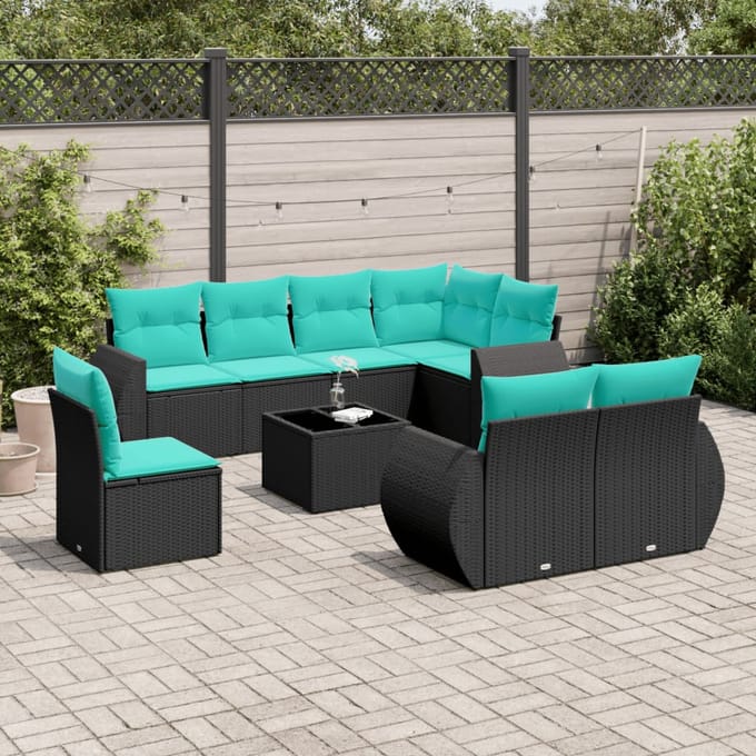 vidaXL - 9-delige - tuinbankset - met - kussens - van - zwart - polyrotan