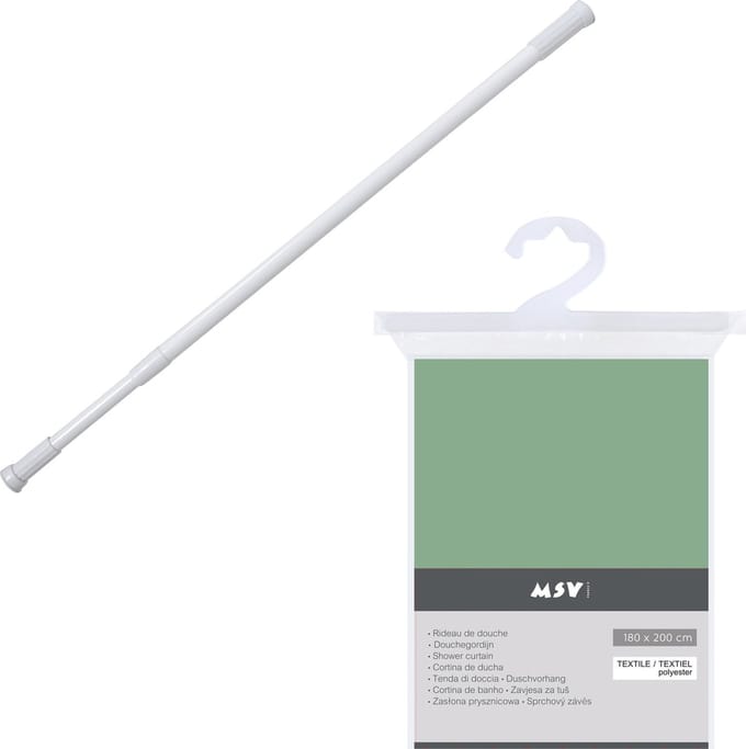 MSV Douchegordijn met ringen - groen - polyester - 180 x 200 cm - incl ophangstang uitschuifbaar 70-120 cm