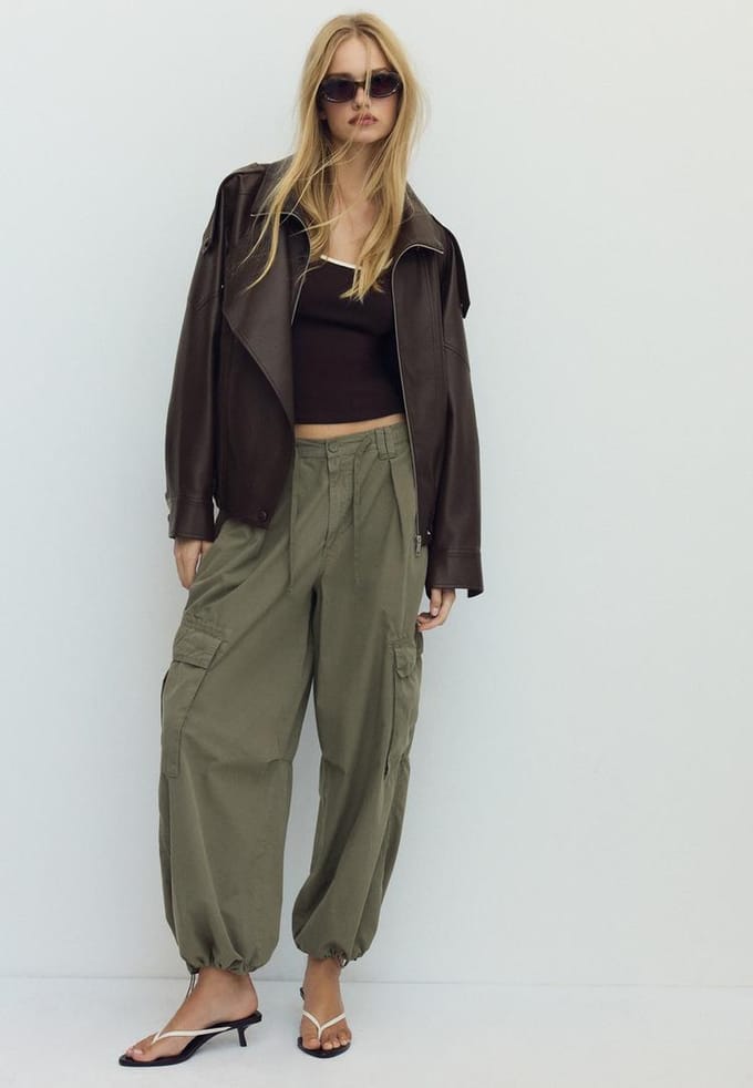 Stradivarius Oversized bikerjack met leereffect  Bruin XS
