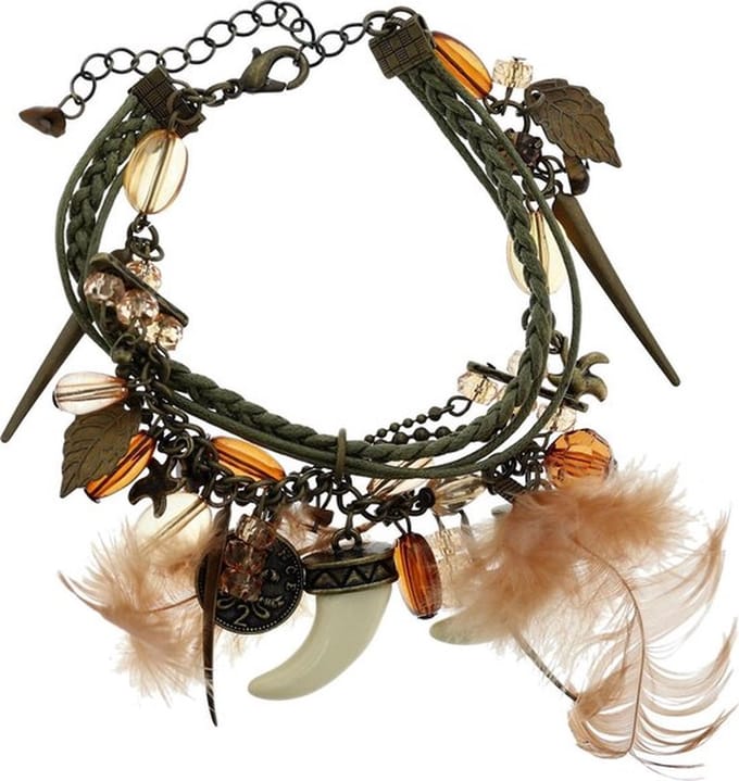 Behave - bruine armband met bedels en veren - boho herfsttrend
