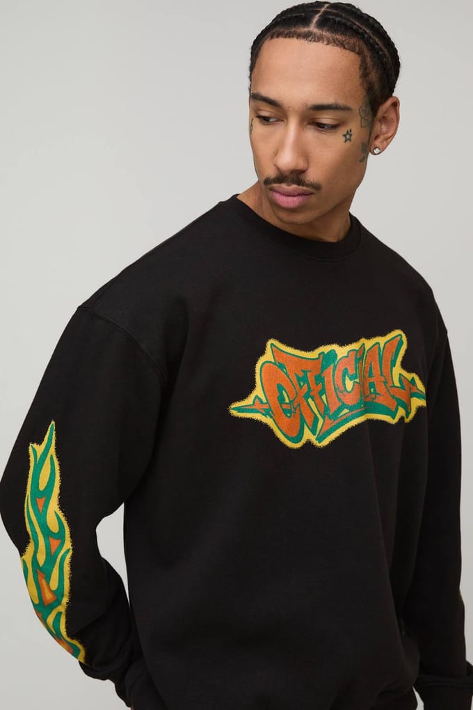 Oversized Graffiti Print Sweatshirt | Black | Size Small