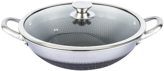 Cheffinger, Wok 36cm met honingraatcoating en krasbestendig deksel, Zilver