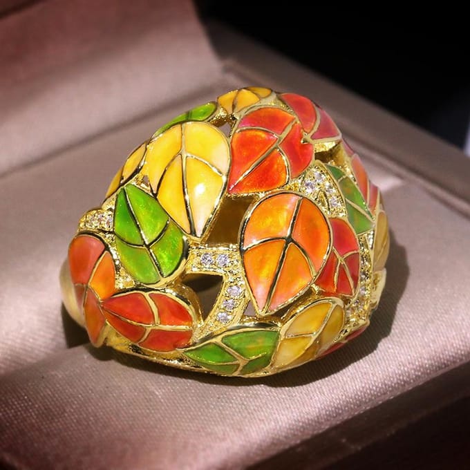 Ring voor Vrouwen Retro Gekleurde Emaille Ring Verguld Overdreven Bladeren Ring Kinderen No. 9 yellow
