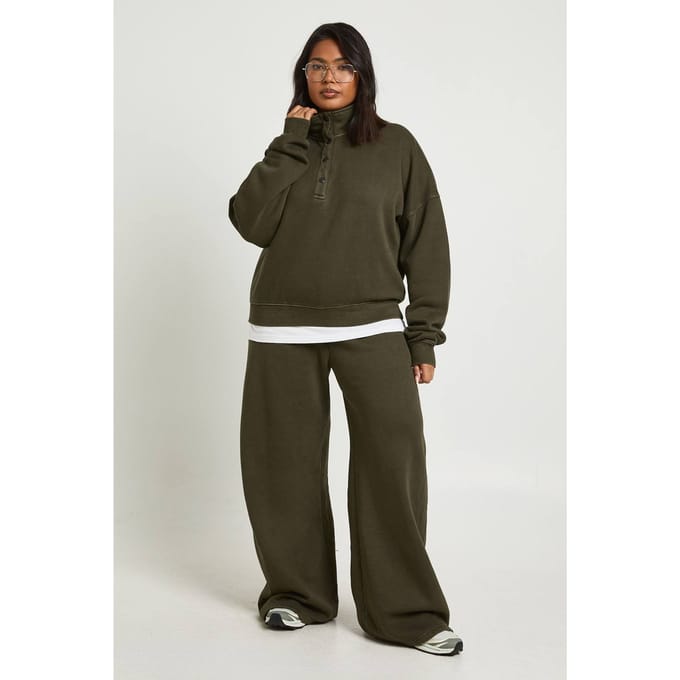 boohoo Dames Plus Gewassen Trechter Hals Sweatshirt Trainingspak | Khaki | Maat: 16