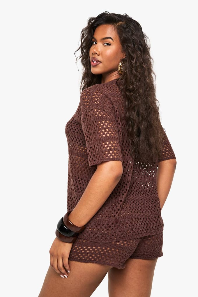 boohoo Dames Gehaakte oversized gebreide top en knicker short set | Chocoladebruin | Maat: Small