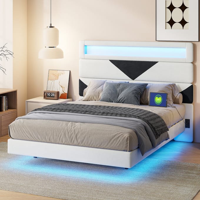 Zwevend Bed 160x200 met LED & USB – Velvet Bed met Driehoek Design