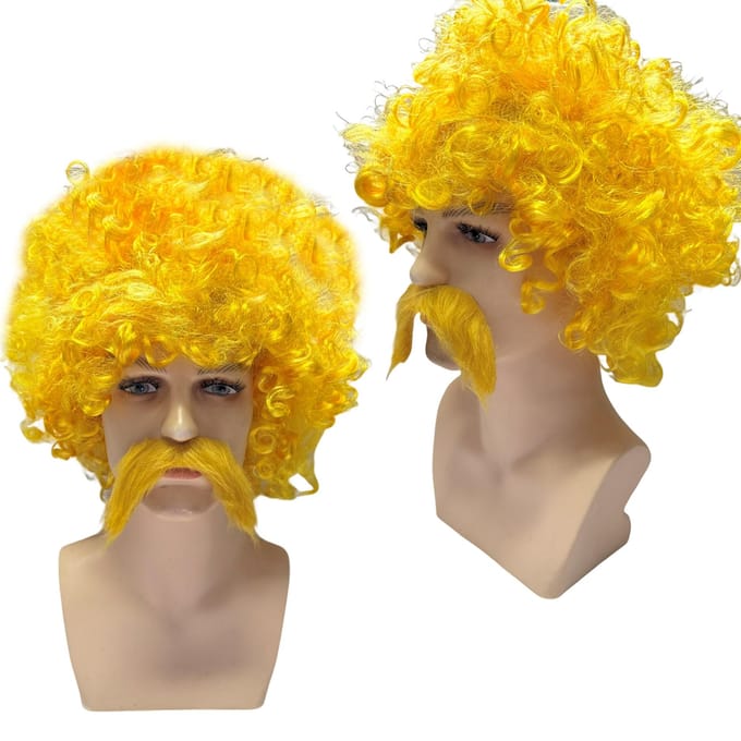Perruque afro dorée, perruque de supporter de football, avec barbe One size fits all adults or