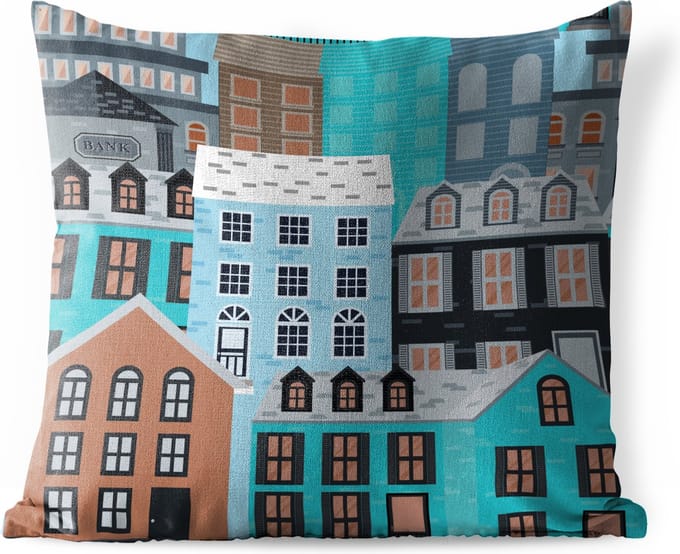 Tuinkussen - Patroon - Huizen - Blauw - 40x40 cm - Weerbestendig