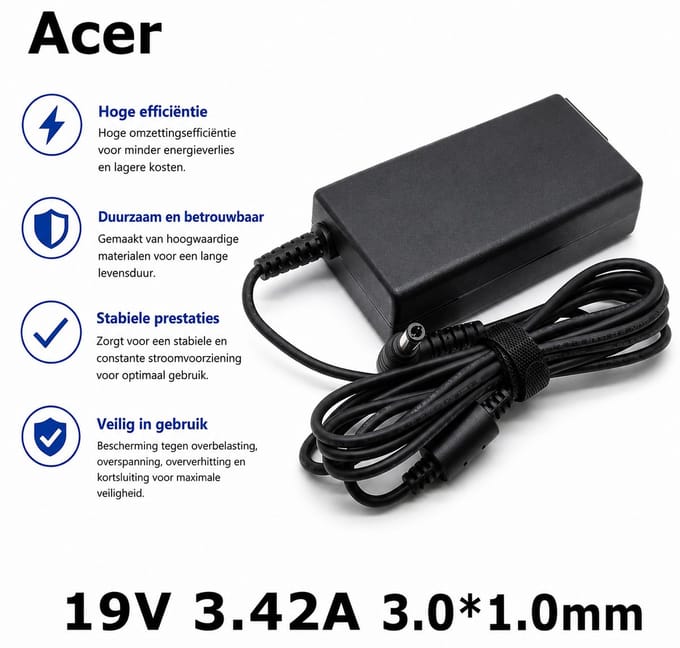 EISENZ Acer Laptop Adapter 19V 3.42A – Plug 3.0x1.0mm – Snelladen – Hoge Compatibiliteit - EZ1144
