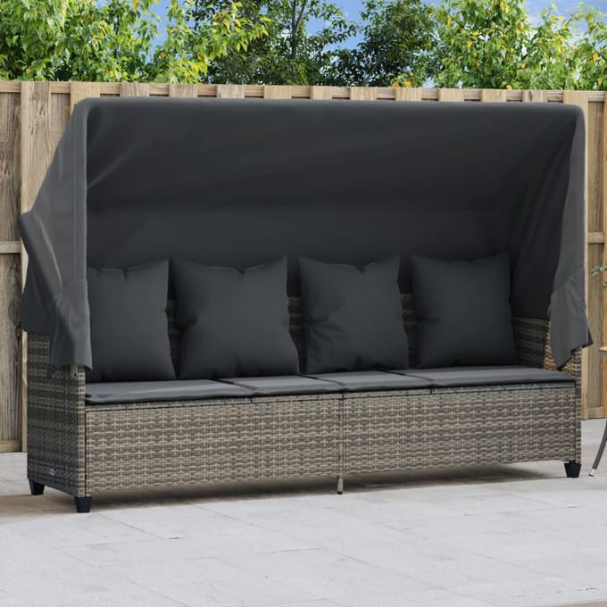 vidaXL - Ligbed - met - luifel - en - kussens - poly - rattan grijs
