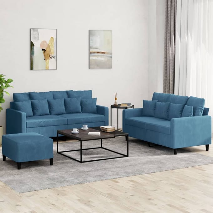 vidaXL - 3-delige - Loungeset - met - kussens - fluweel - blauw