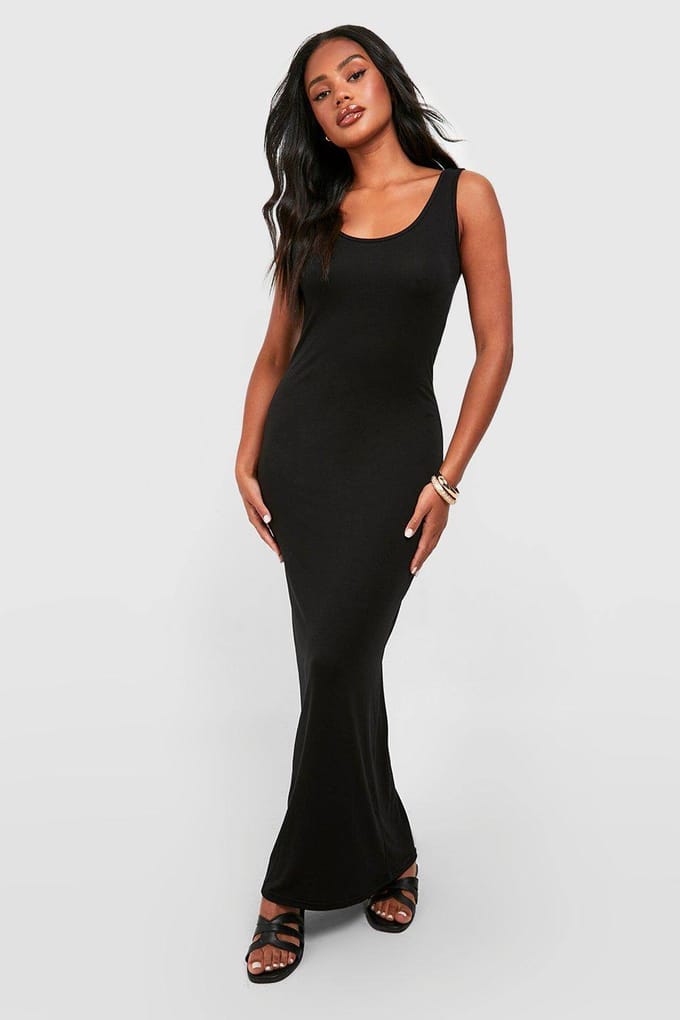 boohoo Dames Petite Basic Scoop Neck Maxi Jurk | Zwart | Maat: 38