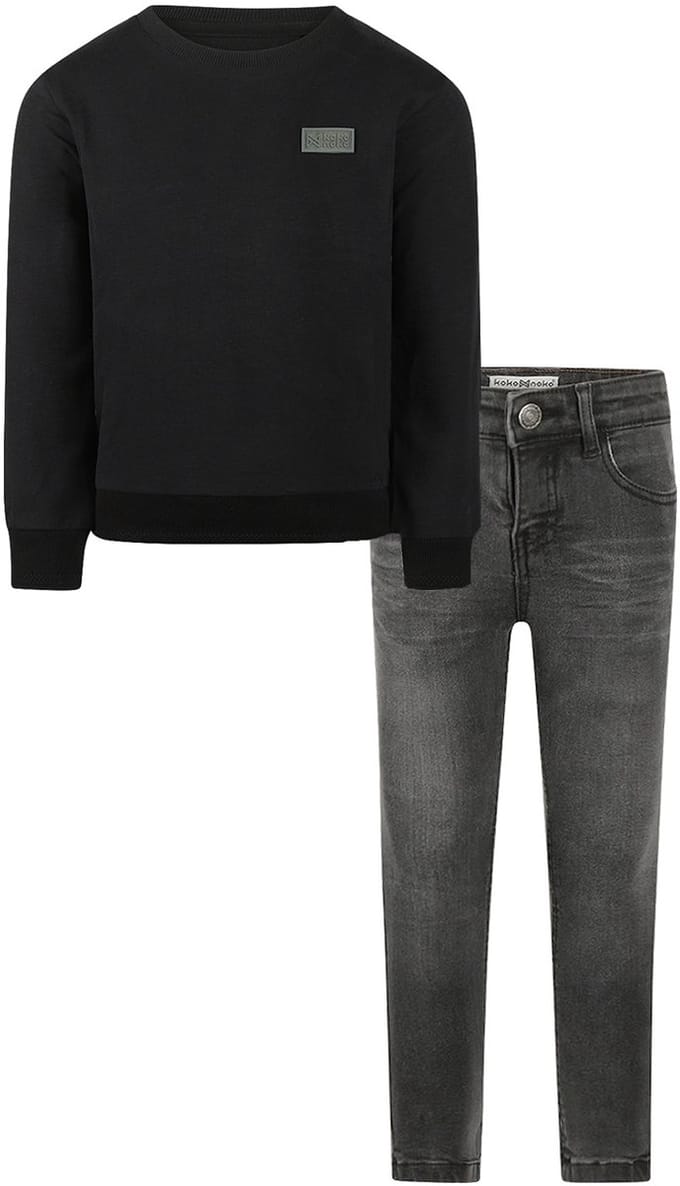Koko Noko - Kledingset - Basic Collection - Bio Cotton - Dark grey jeans - Sweater with crewneck Black - Maat 122