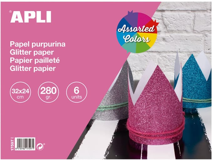 APLI Kids glitterpapier knutselpapier 32x24 cm 280 gr 6 vellen multicolor.
