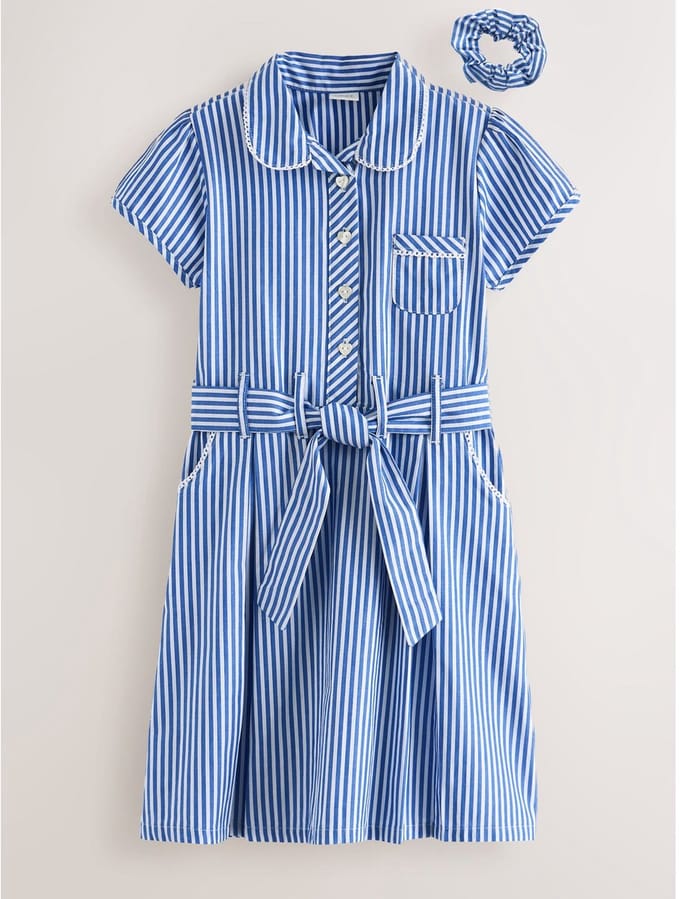 Next - Meisjes - Katoenrijke schooljurk met ceintuur en scrunchie - Blauw