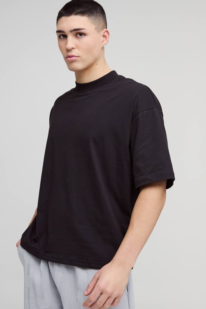 Essential Oversized Boxy Extended Neck T-Shirt | Black | Size Medium