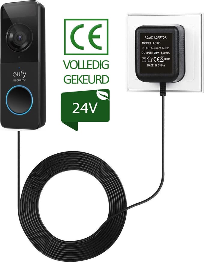 JC's - Transformator geschikt voor Eufy video deurbel - Adapter geschikt voor Eufy video deurbel - 24 volt - 5 meter kabel - deurbel adapter 24 volt