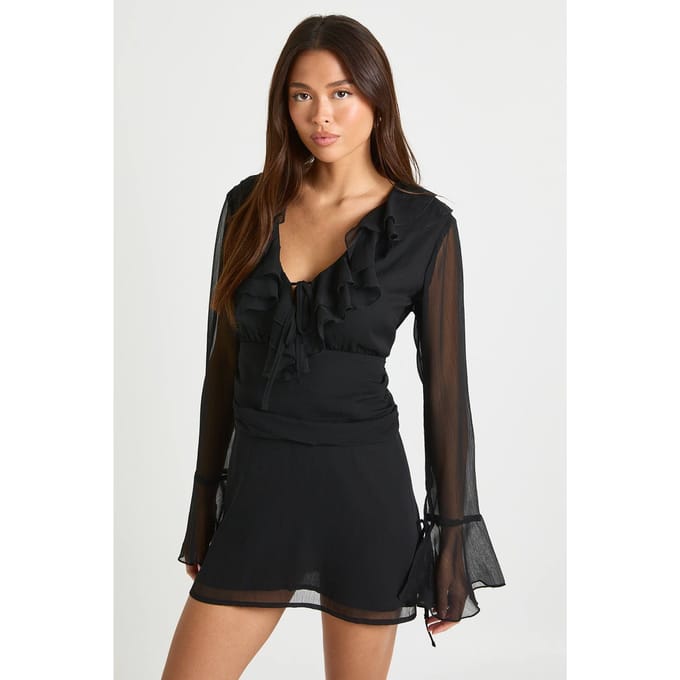 boohoo Dames Chiffon jurk met geraffineerde taille | Zwart | Maat: 44