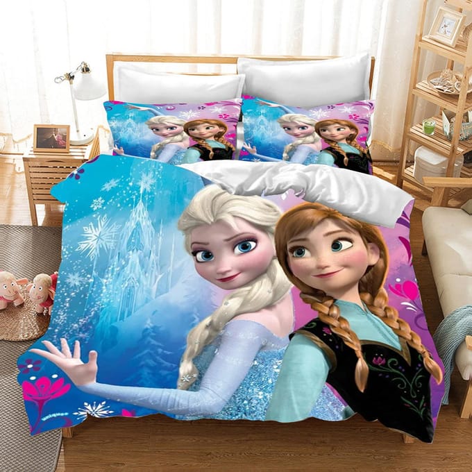 Kinder Frozen Prinses Beddengoed Set Elsa Beer Dekbedovertrek Queen met Kussensloop 3D Kinder Beddengoed Set EU Single(135*200cm)3pcs blue