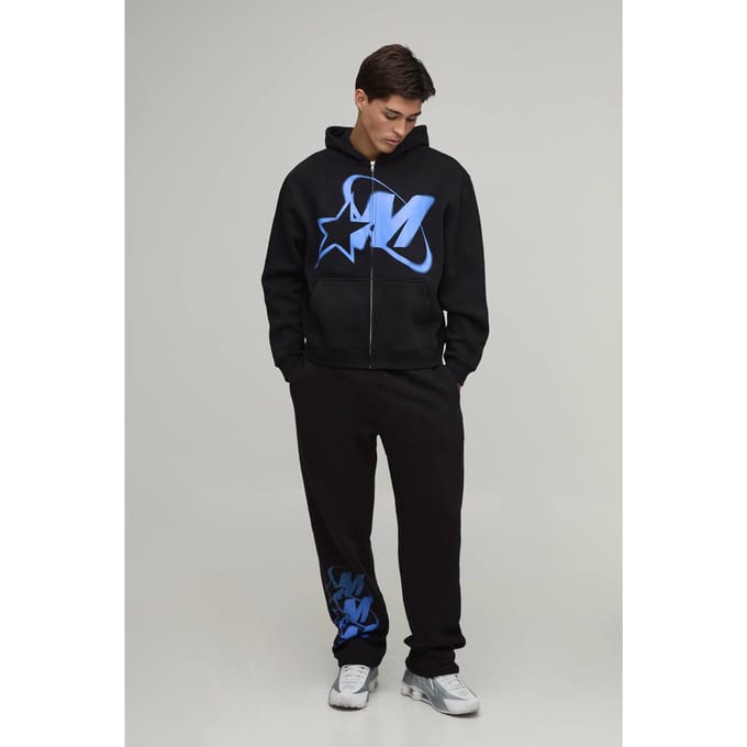 Oversized Boxy Trainingspak Met M-ster Grafische Print En Rits Met Capuchon | Black | Size Medium