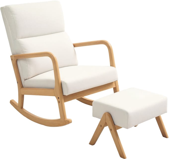 4goodz Schommelstoel met Kruk - Zachte Bekleding Linnenlook - Houten Frame - Crèmewit