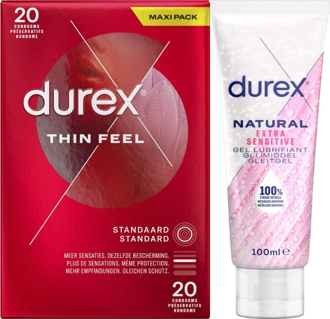 Durex - Condooms Thin Feel 20 stuks - Glijmiddel Sensitive 250 ml - Voordeelverpakking