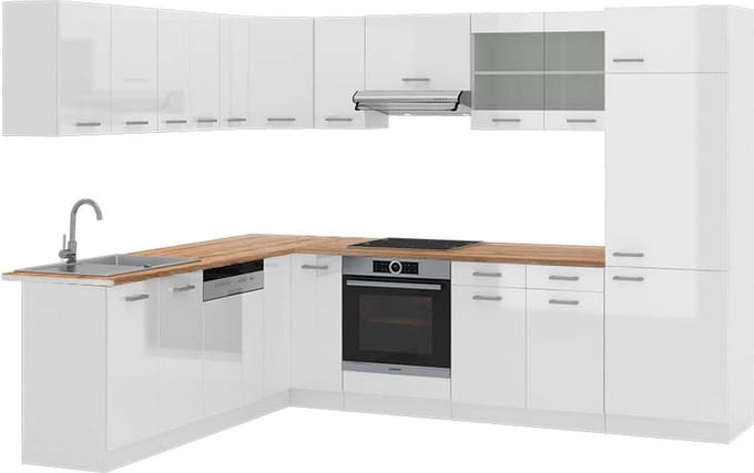 Vicco Hoekkeuken R-Line, Wit Hoogglans/Wit, 287 x 227 cm, WB Eik