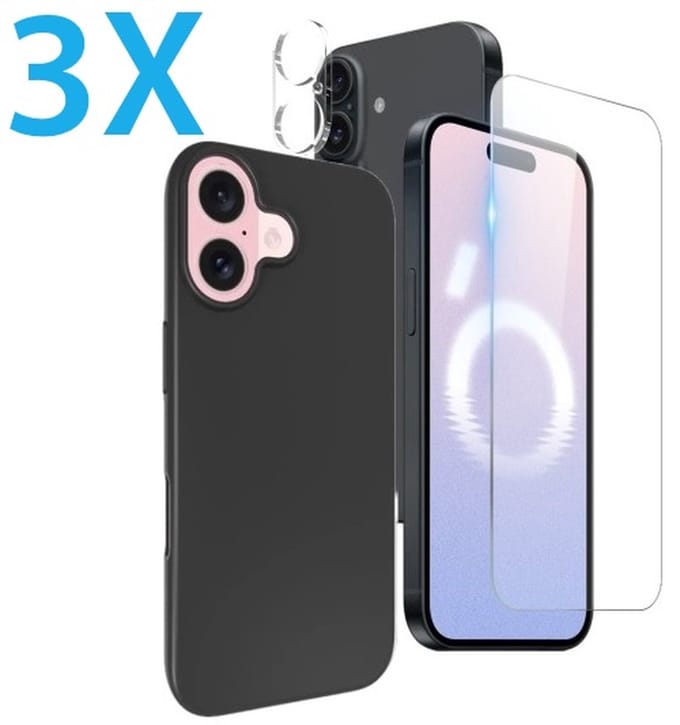 Back cover Silicone hoesje zwart met Screenprotector Glas 3x en Camera lens protector 3x Geschikt voor: iPhone 16 Plus