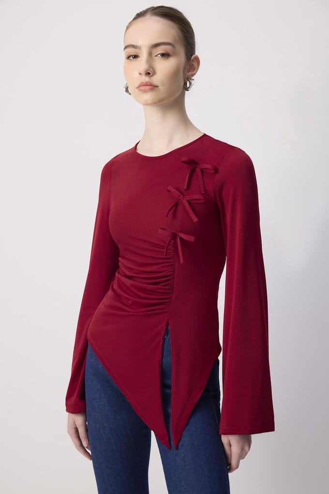 Touché Privé - Gedrapeerde blouse met strikdetail - Bordeaux - Dames