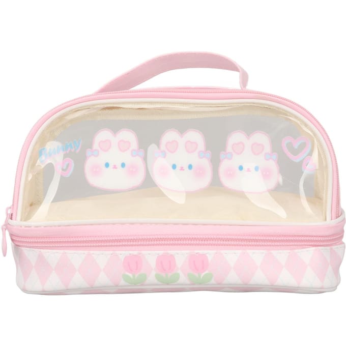 Schattig Konijn Pennenzak Konijnenpatroon Dubbellaags Waterdicht Transparant Kawaii Etui Roze white