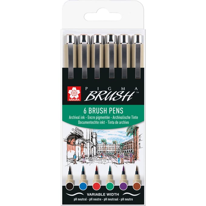 Brushpen Sakura Pigma Brush set à 6 stuks zwart